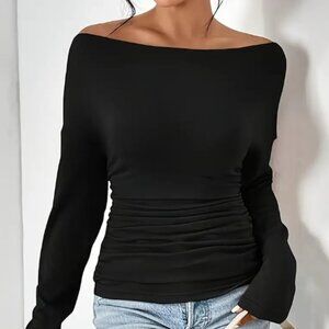 NEW Women's Black Off-Shoulders or Drop-Shoulder Shirt with Runched Waist